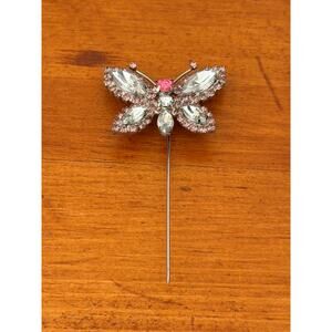 Vintage Butterfly Stick Pin Pink & Clear Gemstones Unique Eye-Catching Design